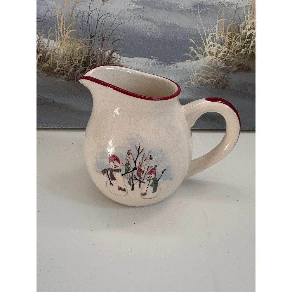Royal Seasons Stoneware Snowman Creamer Pitcher Christmas Holiday Red Trim 4in